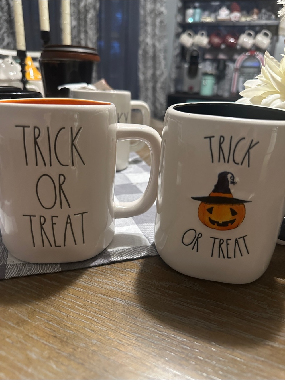 2 Rae Dunn White Ceramic Trick or Treat Mugs with Orange and Black Interiors